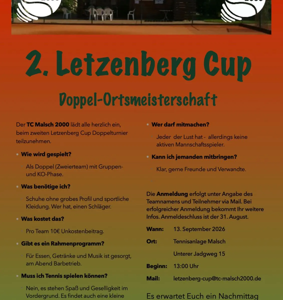 Flyer zum 2. Letzenberg Cup – Doppel-Ortsmeisterschaft am 13. September 2026