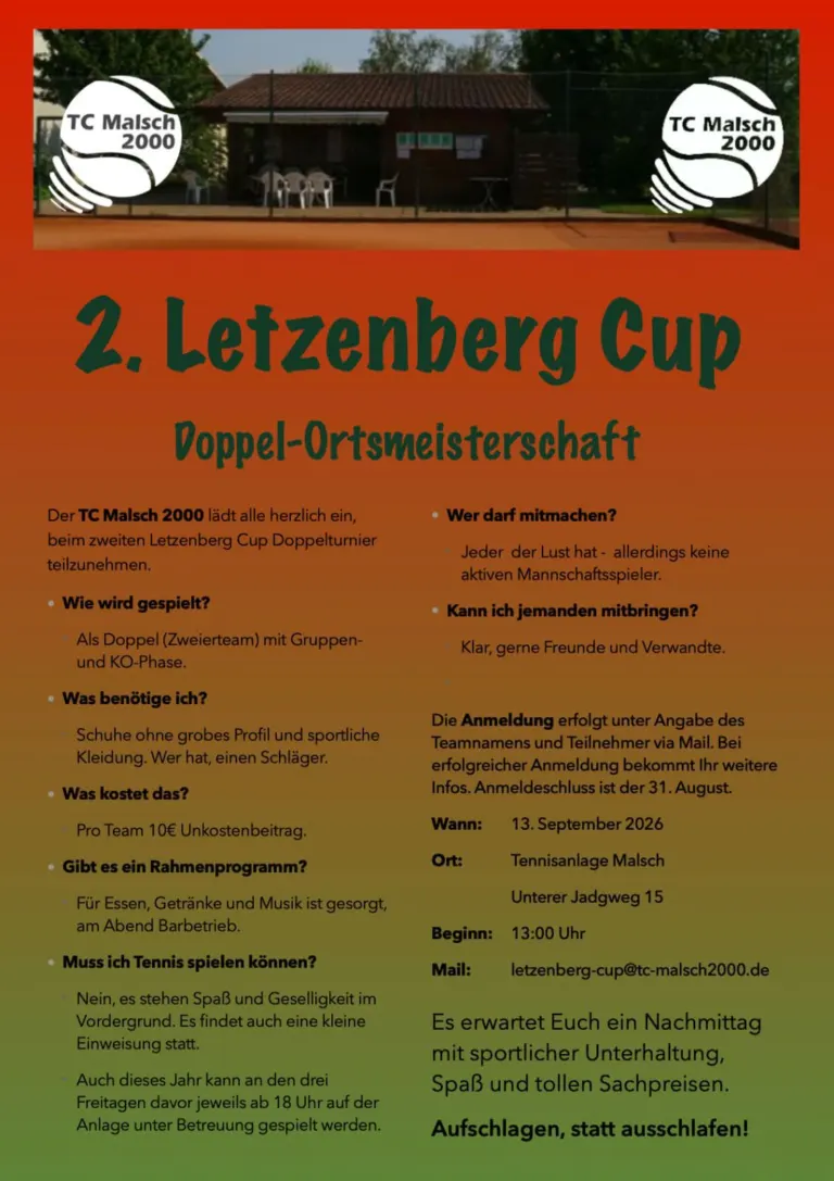 Flyer zum 2. Letzenberg Cup – Doppel-Ortsmeisterschaft am 13. September 2026