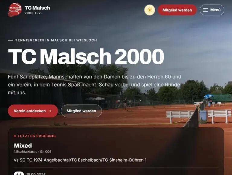 Startseite der neuen Website des TC Malsch 2000 mit Foto der Tennisanlage